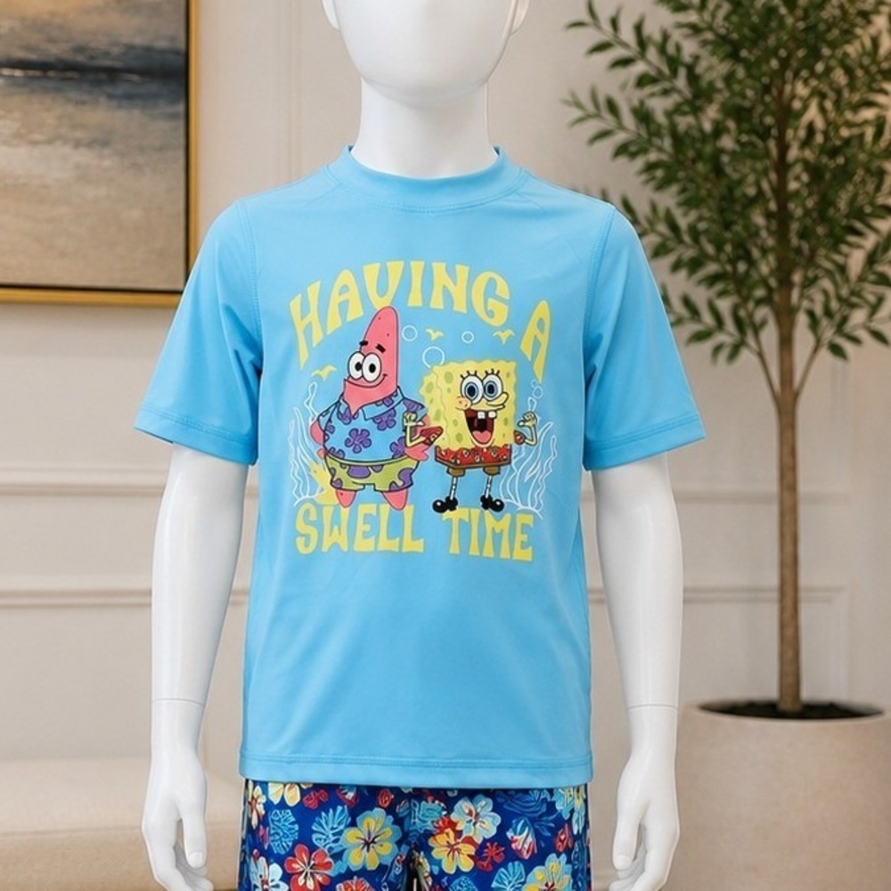 SpongeBob SquarePants Boys Rash Guard Blue Graphic Swim Shirt 4/5